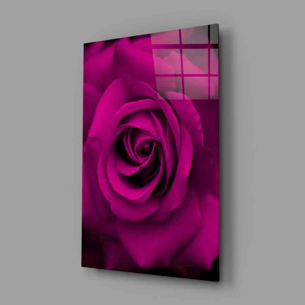 Vibrant magenta rose glass wall art on sleek acrylic panel