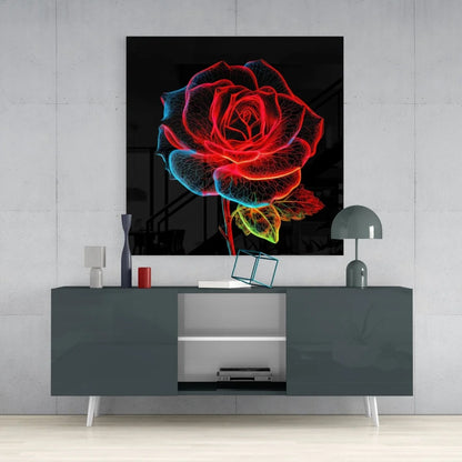 Vibrant neon rose tempered glass art with glowing red, blue, green wireframe on black