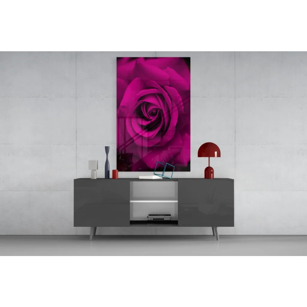 Vibrant magenta rose glass wall art on sleek gray console table