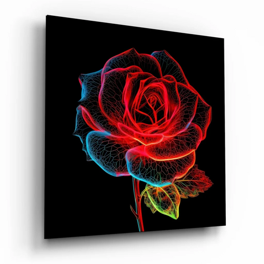 Vibrant neon red blue rose on tempered glass art with glowing wireframe