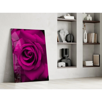Vibrant magenta rose glass wall art leaning on white wall