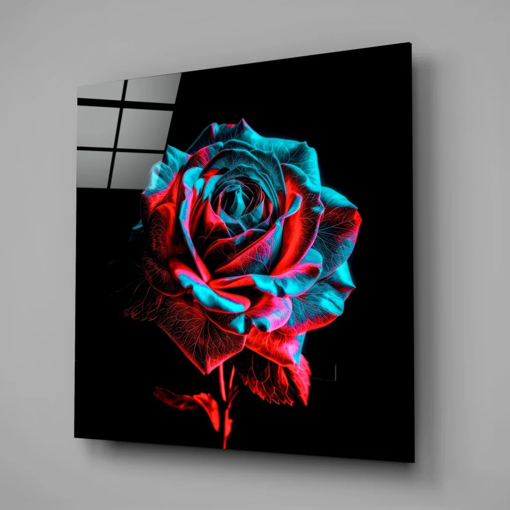 Glowing neon rose tempered glass art in vibrant red cyan hues