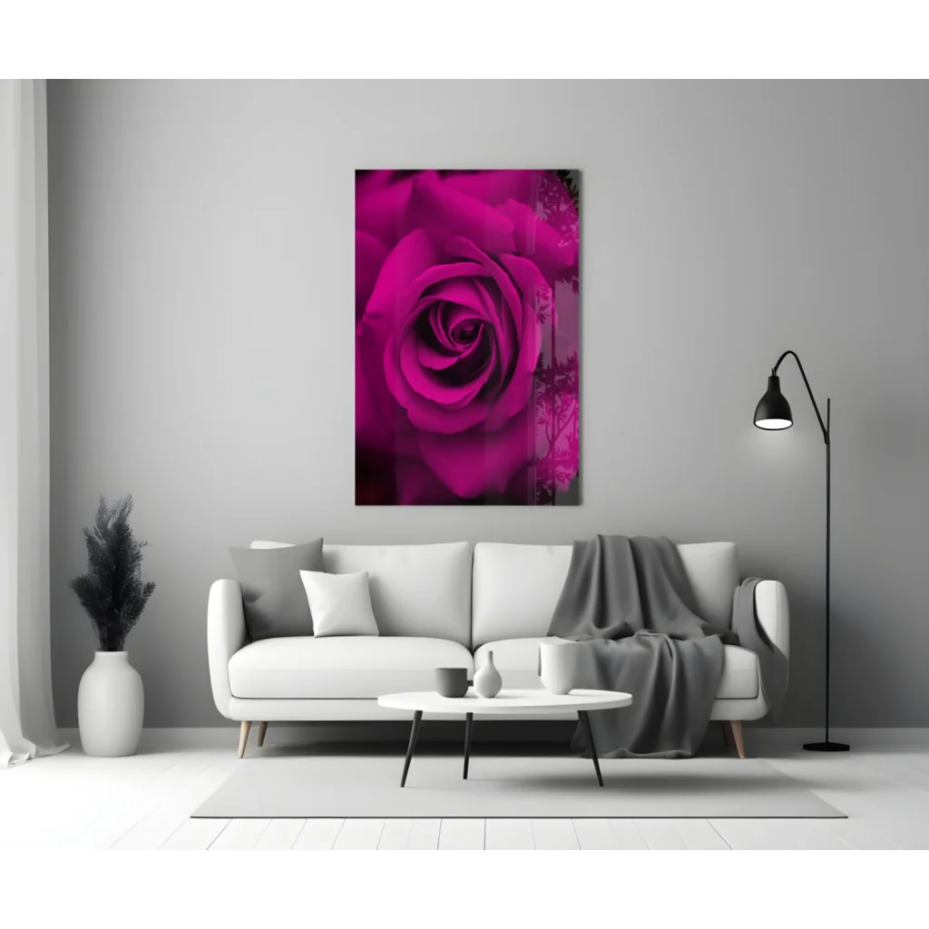 Vibrant magenta rose glass wall art hanging on the wall