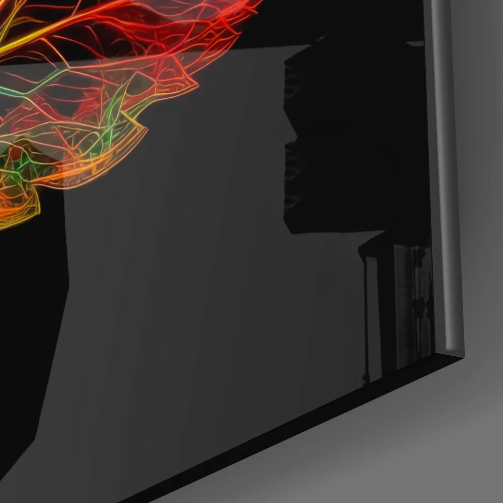 Neon Rose tempered glass art with glowing rainbow circuit on sleek black monitor