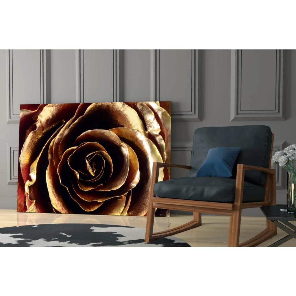 Stunning golden rose canvas wall art with metallic shine