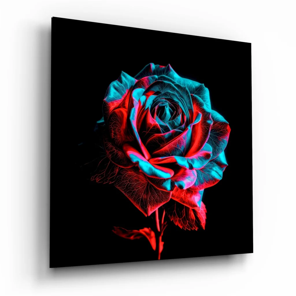 Vibrant glowing neon rose tempered glass art in red and cyan hues