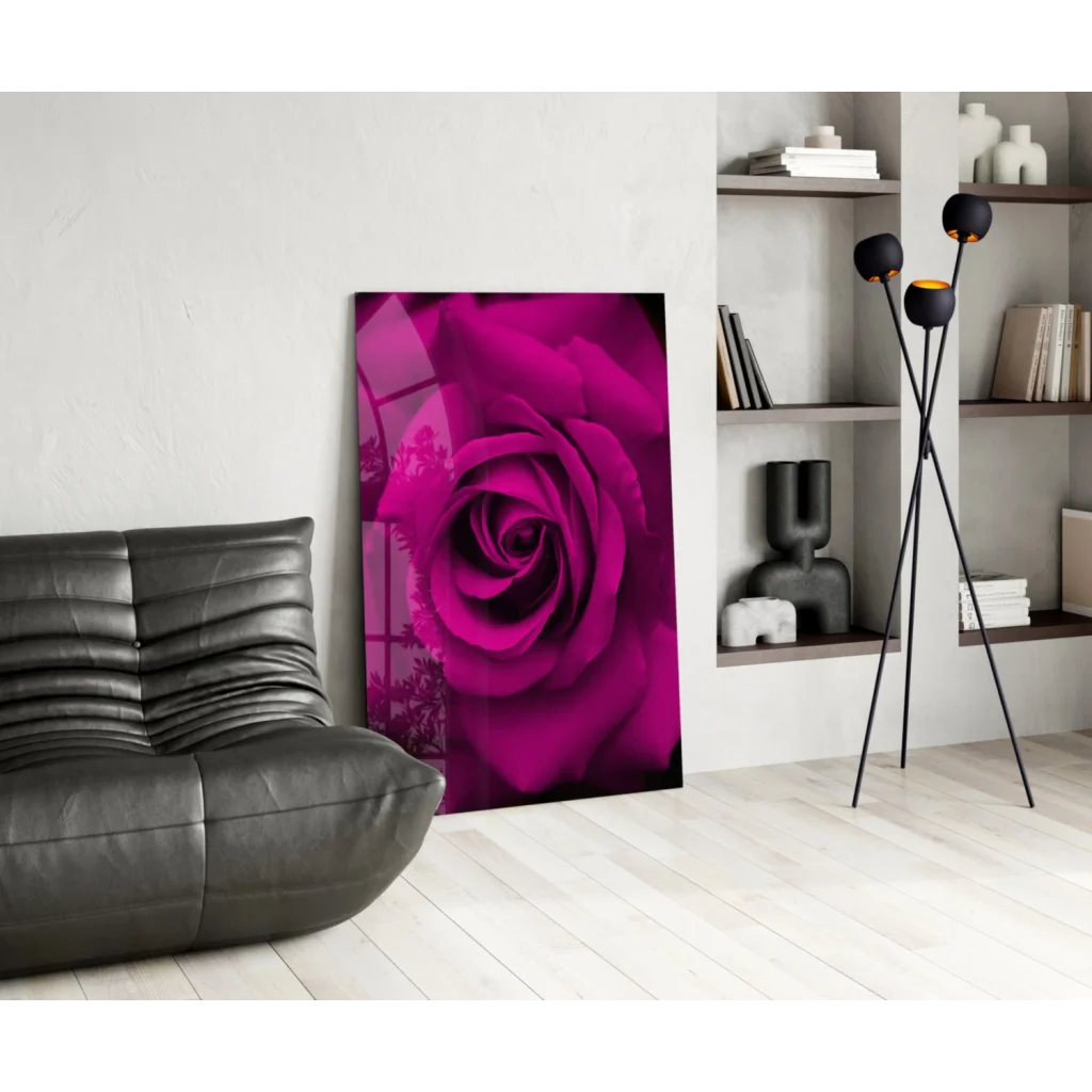Vibrant magenta rose glass wall art with glossy finish on white wall