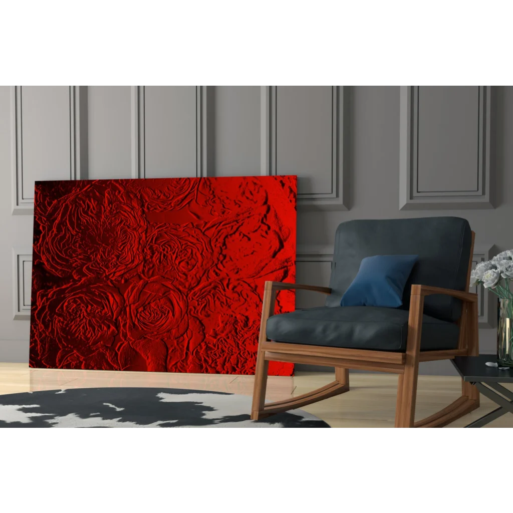 Vibrant red textured glass wall art with raised rose patterns