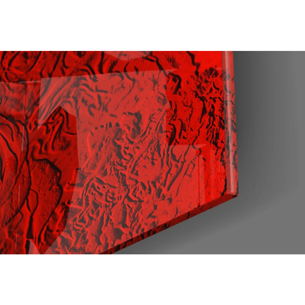 Vibrant red translucent glass wall art cube with swirling black patterns