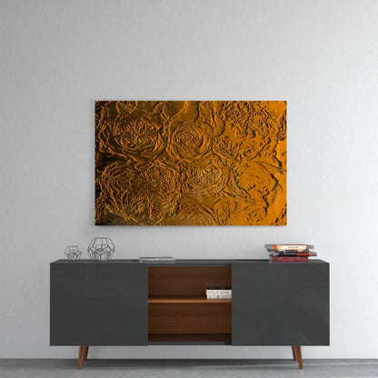 Golden textured glass wall art with raised rose patterns