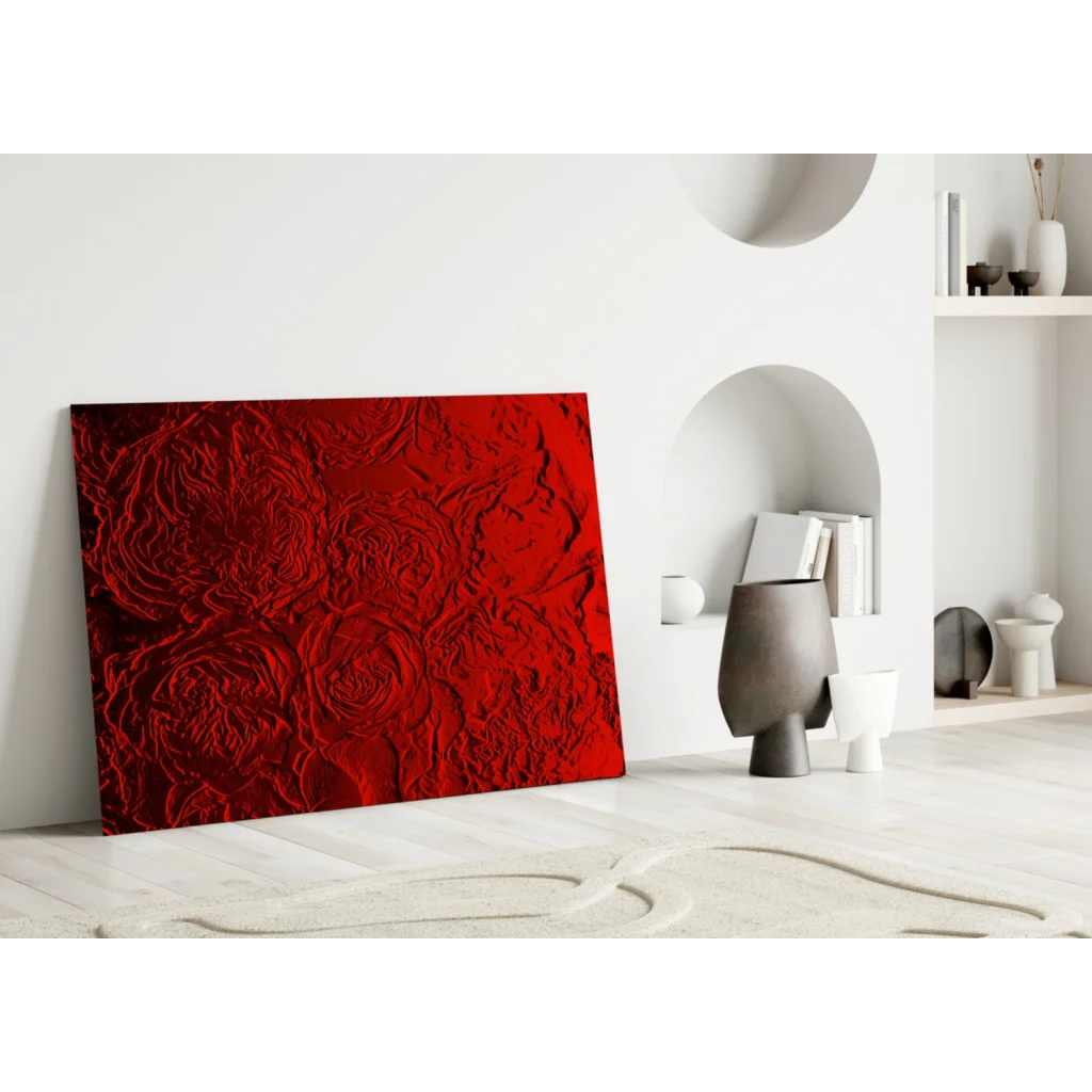 Vibrant red textured glass wall art with raised rose patterns