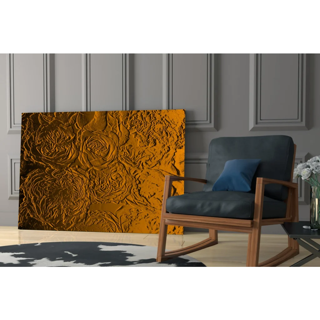Vibrant gold textured glass wall art with raised rose patterns
