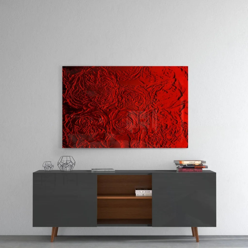 Vibrant red textured glass wall art of layered rose petals in 3D finish