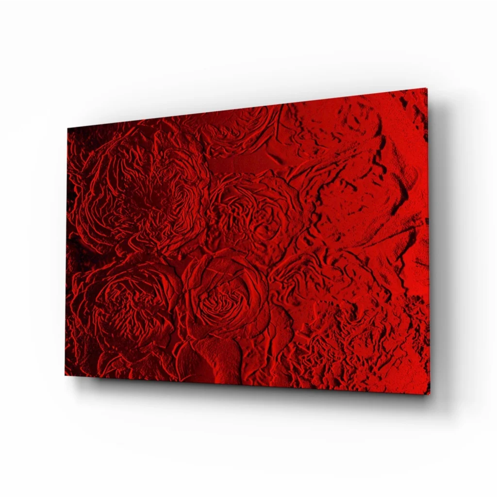 Stunning red rose glass wall art with textured 3D rose patterns