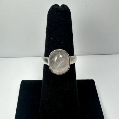 Sparkly rose quartz ring in sterling silver with oval moonstone