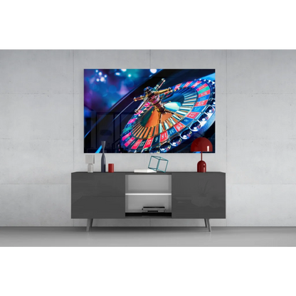 Vibrant casino roulette wheel on modern TV in glass wall art print