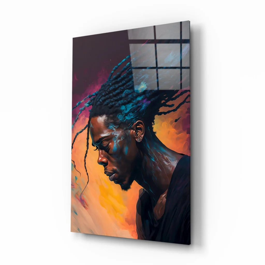 Vibrant dreadlocks man glass wall art in bold sunset orange purple
