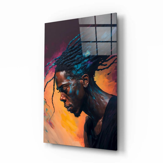 Vibrant dreadlocks man glass wall art in bold sunset orange purple