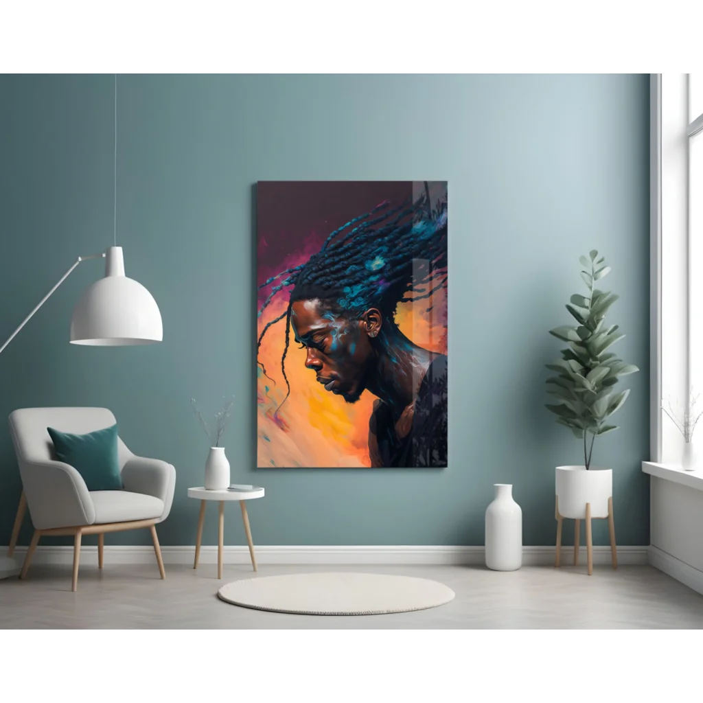 Vibrant black man with dreadlocks in glass wall art sunset hues