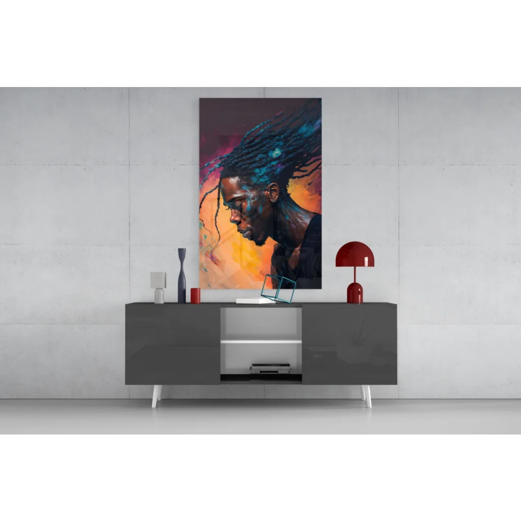 Vibrant dreadlocks man portrait on glass wall art in sunset orange blue