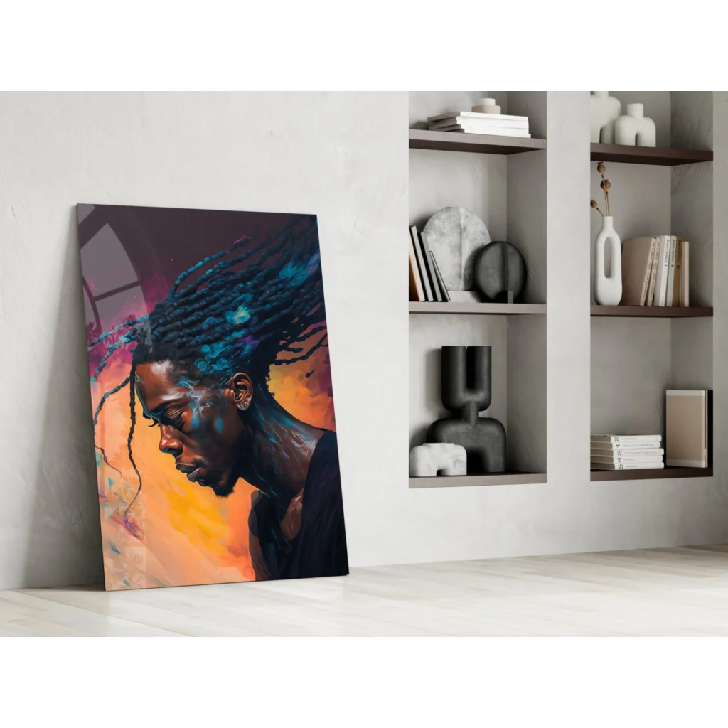 Vibrant dreadlocks man portrait glass wall art in bold sunset colors