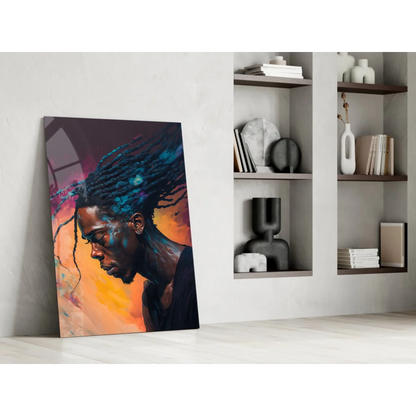 Vibrant dreadlocks man portrait glass wall art in bold sunset colors