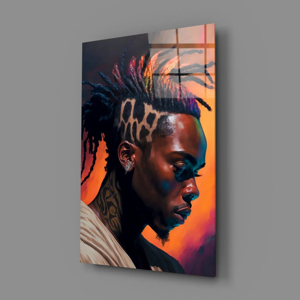 Vibrant acrylic portrait on glass wall art of man with colorful dreadlocks