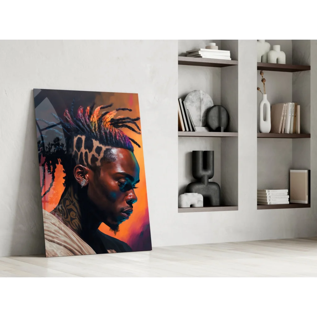 Vibrant glass wall art portrait with colorful dreadlocks on orange-purple gradient