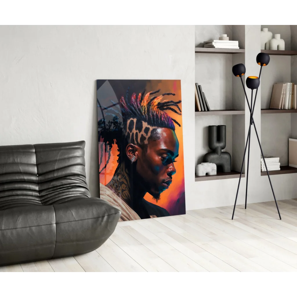 Vibrant glass wall art portrait of man with rainbow dreadlocks and leopard headpiece on orange gradient