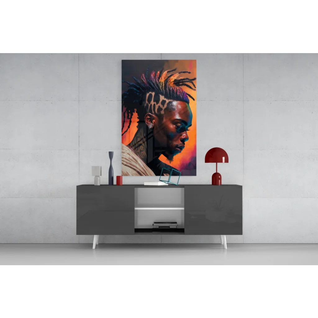 Vibrant glass wall art of man with colorful dreadlocks and bold markings on orange gradient