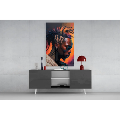 Vibrant glass wall art of man with colorful dreadlocks and bold markings on orange gradient