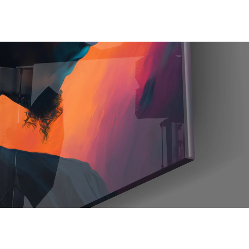 Sleek TV displaying bold orange purple dreadlocks glass wall art