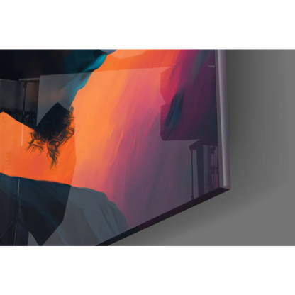 Sleek TV displaying bold orange purple dreadlocks glass wall art