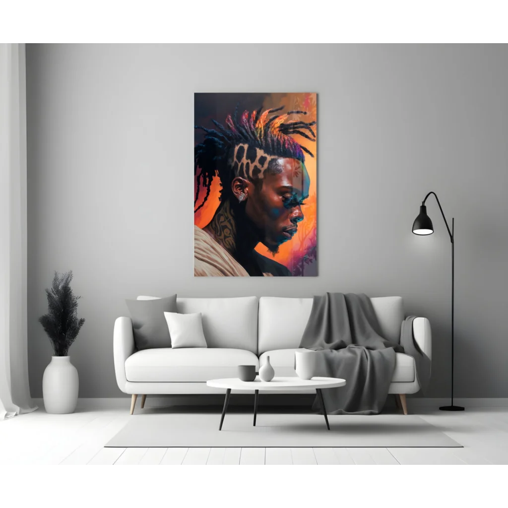 Vibrant abstract dreadlocks man portrait on bold orange purple glass wall art