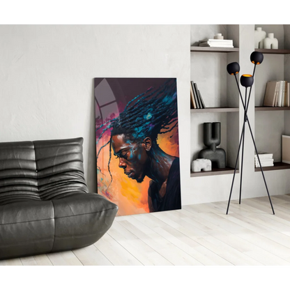Vibrant glass wall art of black man with dreadlocks in blue orange sunset hues