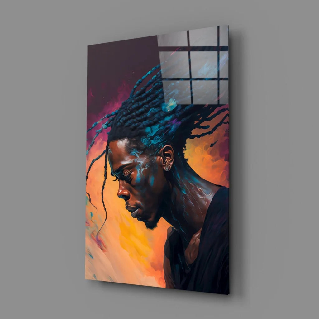 Vibrant dreadlocks portrait glass wall art in bold sunset colors