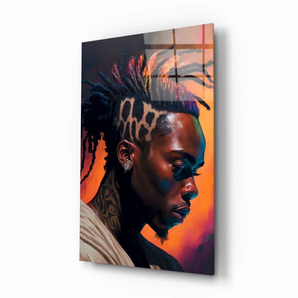 Vibrant glass wall art of man with colorful dreadlocks on orange purple gradient