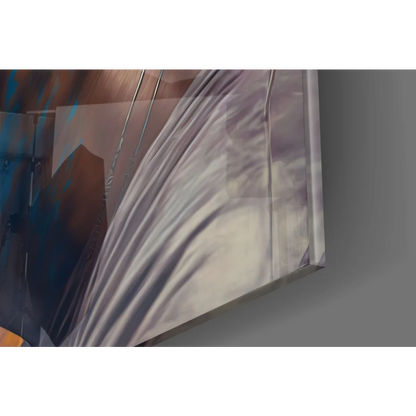 Modern abstract canvas wall art with purple gray brushstrokes and electric blue accents