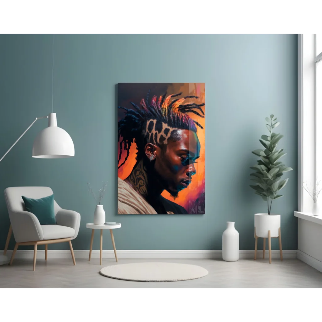 Vibrant dreadlocks man glass wall art portrait in orange purple