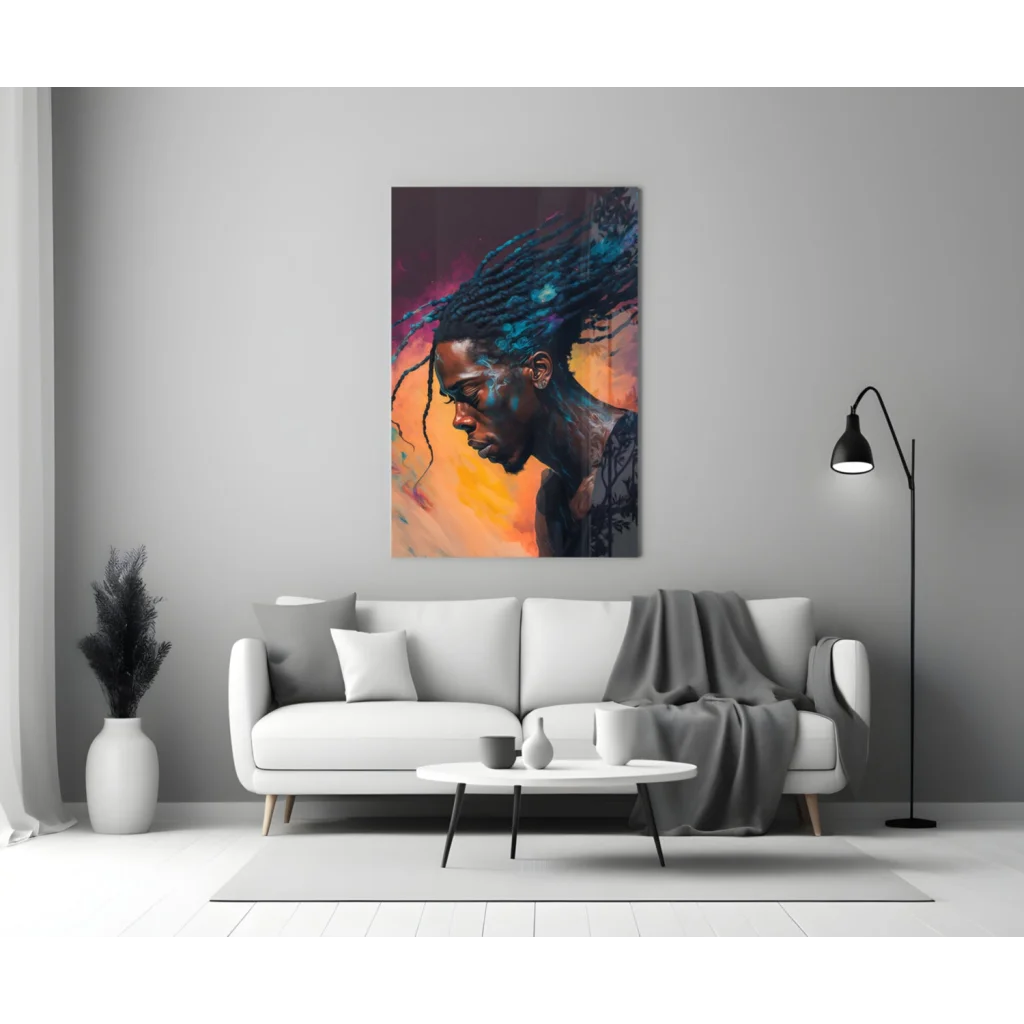 Vibrant black man with blue black dreadlocks on glass wall art sunset gradient