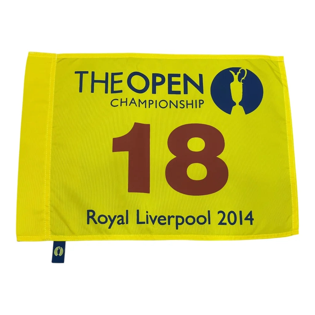 2014 British Open golf pin flag with yellow 18th hole at Royal Liverpool