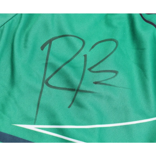 Green fabric with black R2 autograph on Rude Boy Brown Signed Athletic Shorts