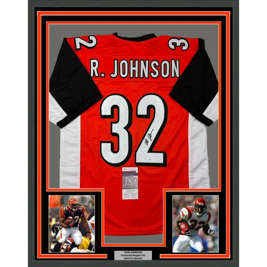 Framed Rudi Johnson Bengals autographed jersey with photos and Certificate of Authenticity