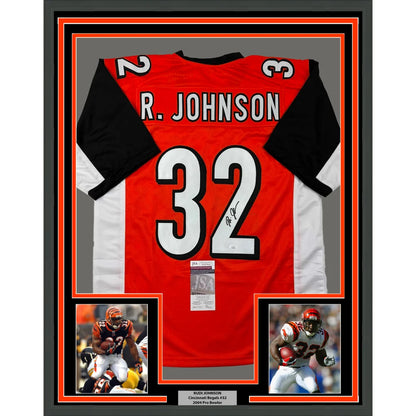 Framed Rudi Johnson Bengals autographed jersey with photos and Certificate of Authenticity