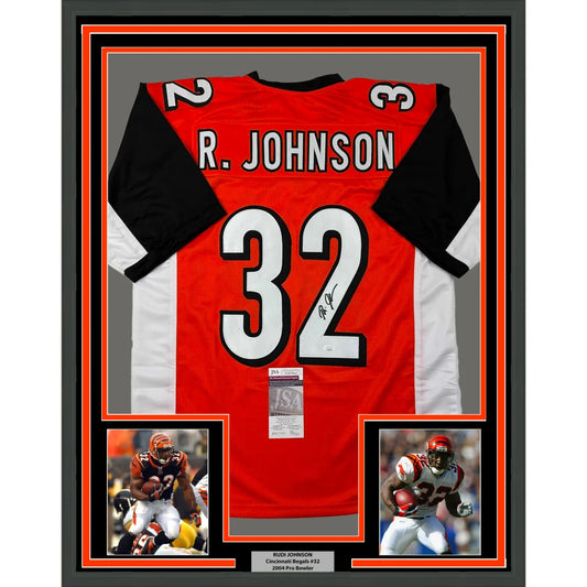 Framed Rudi Johnson Bengals autographed jersey with photos and Certificate of Authenticity
