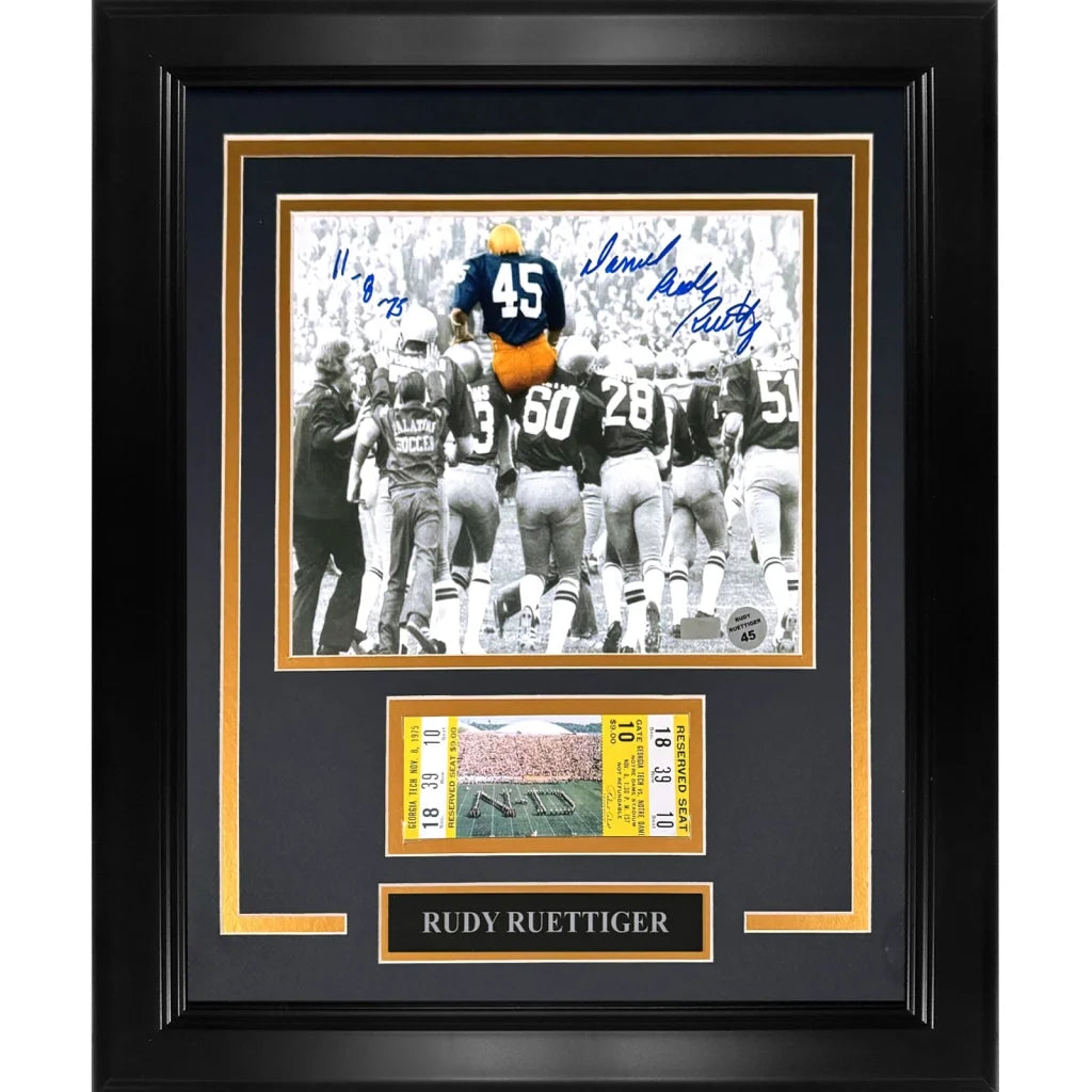Black-framed notre dame deluxe framed 8x10 photo of rudy ruettiger autographed with replica game ticket stub and nameplate