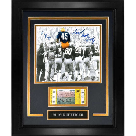 Black-framed notre dame deluxe framed 8x10 photo of rudy ruettiger autographed with replica game ticket stub and nameplate