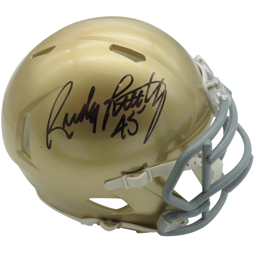 Rudy Ruettiger autographed Notre Dame mini helmet with gold finish