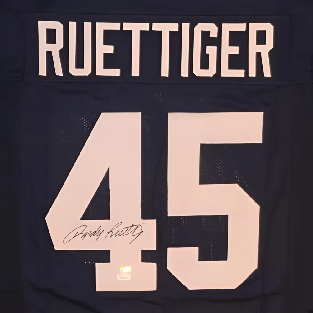 Rudy Ruettiger autographed Notre Dame navy blue #45 jersey with Ruettiger name
