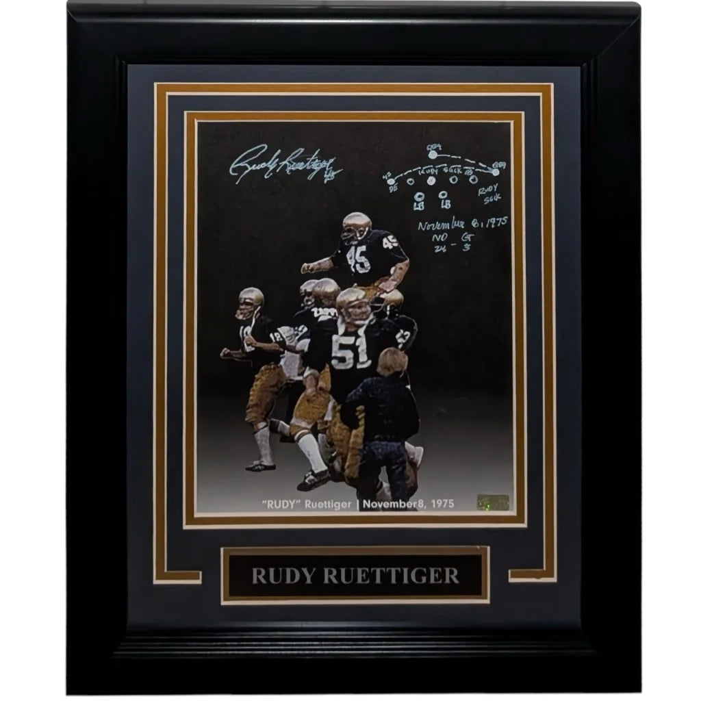 Autographed Rudy Ruettiger Notre Dame 8x10 photo with black frame and gold accents